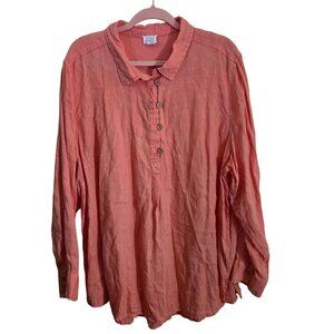 Sigrid Olsen Coral 100% Linen Long Tab Sleeve Button-Front Tunic Top Size 3X